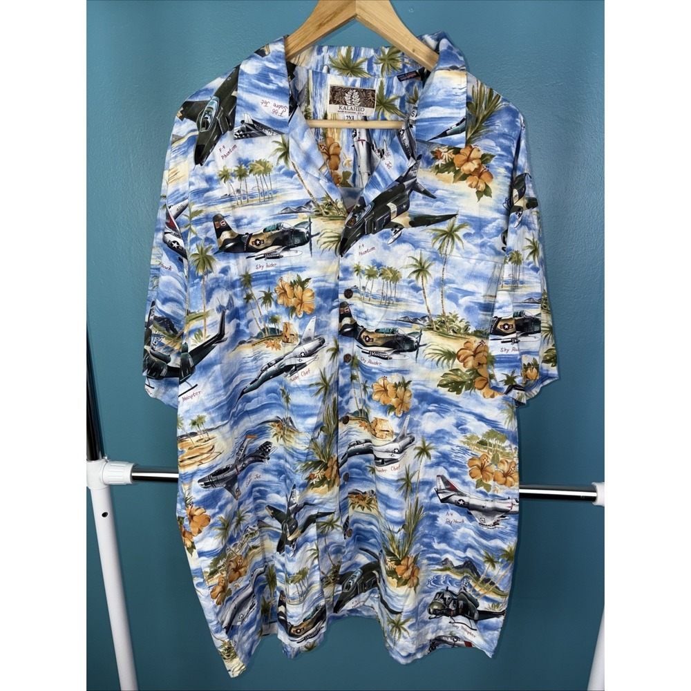 Kalaheo Hawaiian Aloha Shirt Military Helicopters Army Marines Size Mens 2XL blu